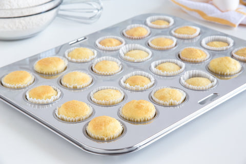 Fox Run close-up of mini cups highlights smooth stainless interior for easy release and cleanup