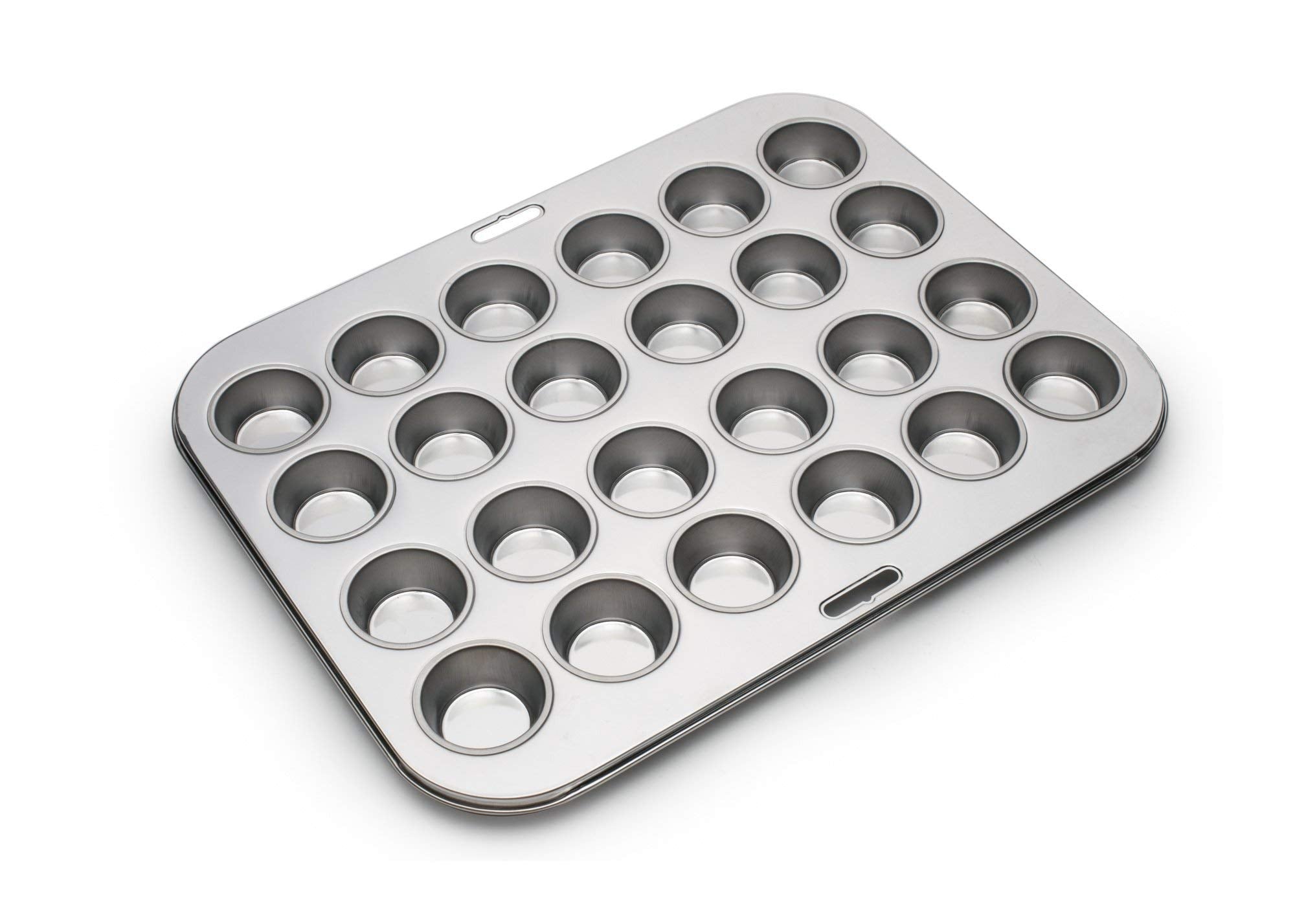 Fox Run stainless steel pan front view shows 24 mini cups and durable finish benefits even baking