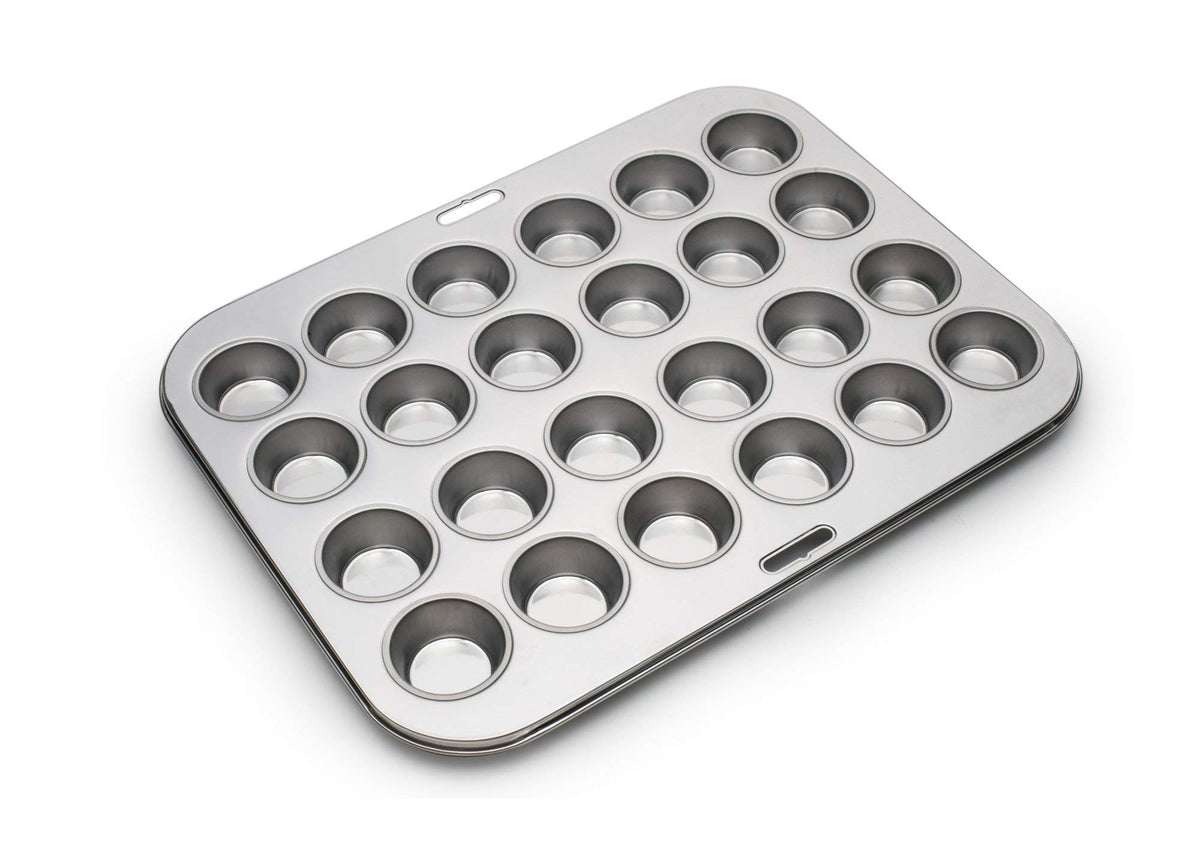 Fox Run stainless steel pan front view shows 24 mini cups and durable finish benefits even baking