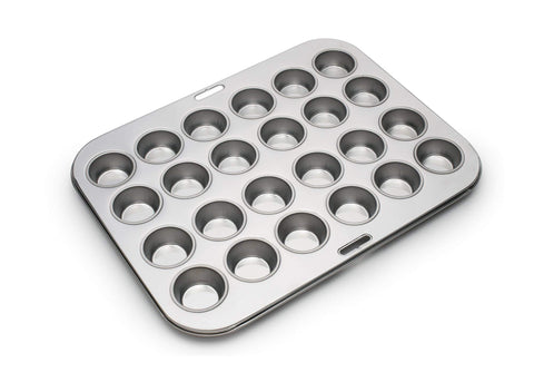 Fox Run stainless steel pan front view shows 24 mini cups and durable finish benefits even baking