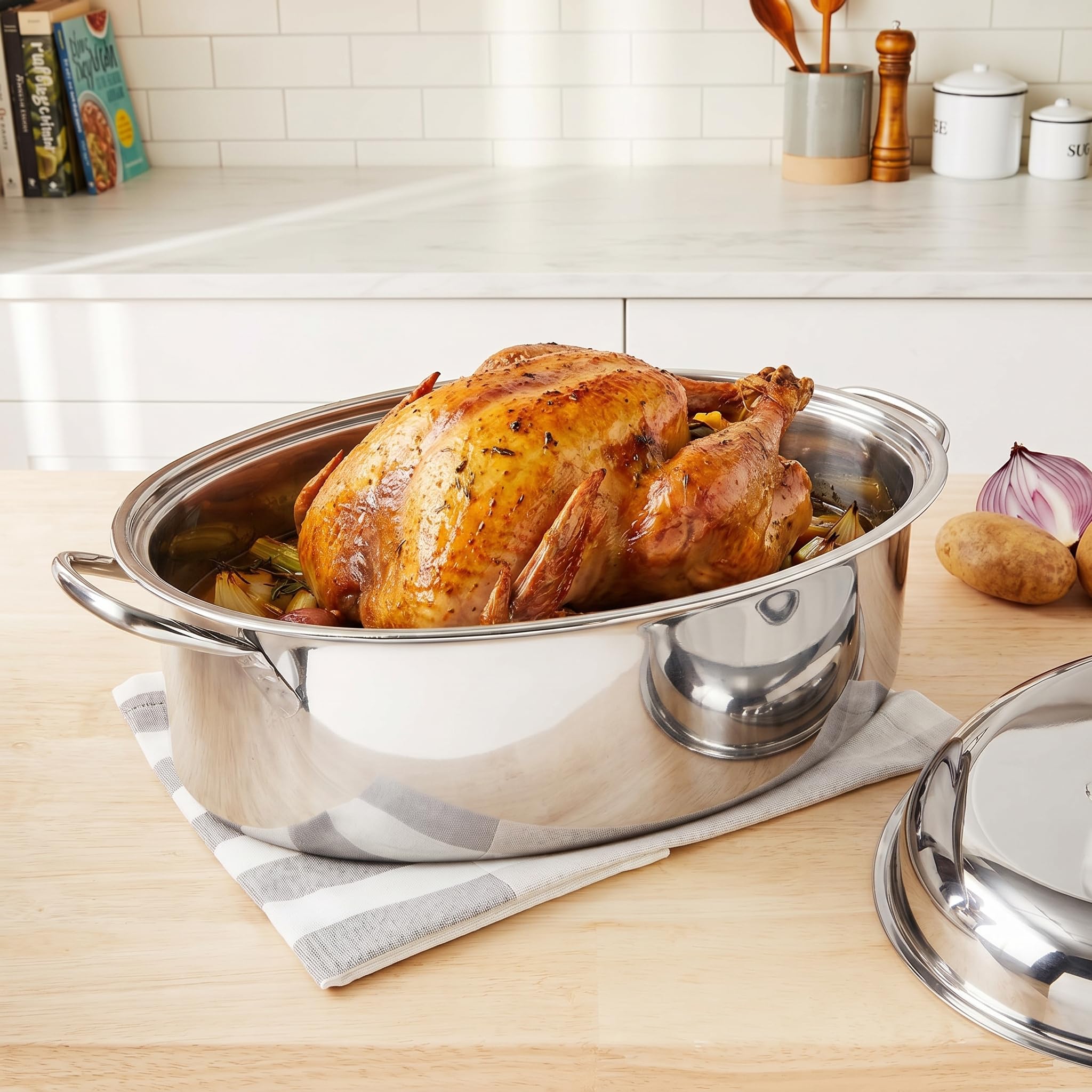 Fox Run roaster with high-domed lid in place retaining heat and moisture