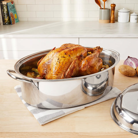 Fox Run roaster with high-domed lid in place retaining heat and moisture