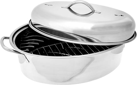 Fox Run roaster inside oven with a golden roasted chicken for serving-ready results