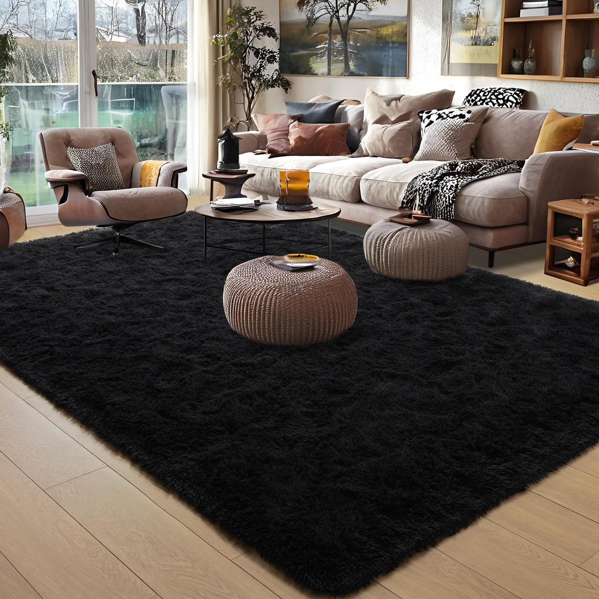 Foxmas front view of 6x9 black rug showing cozy look and room grounding benefit