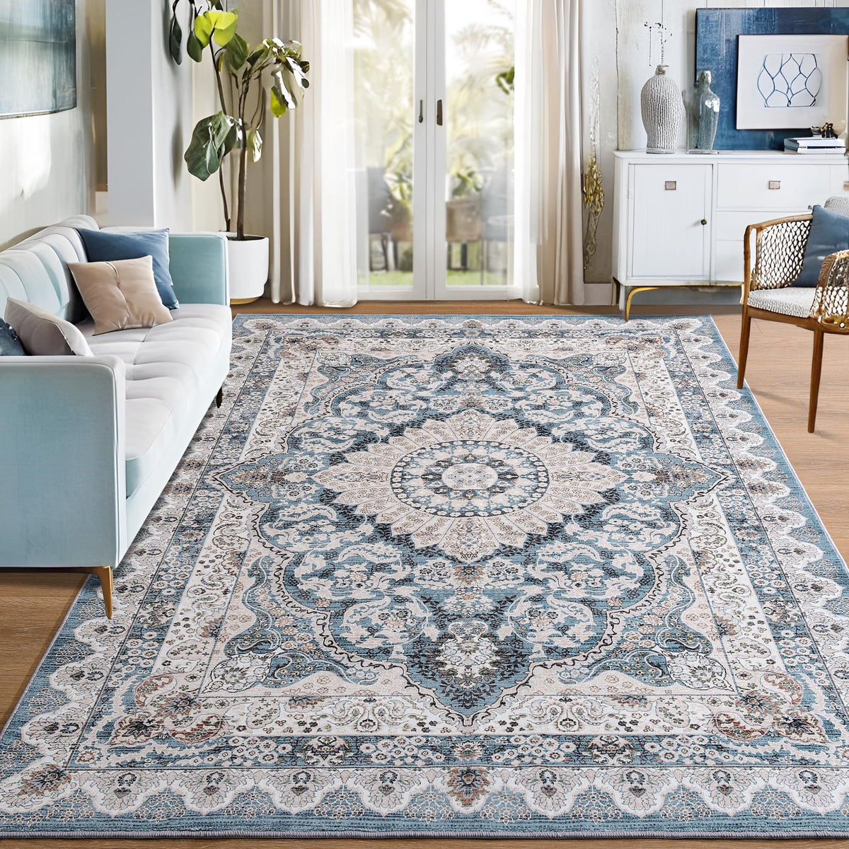 Foxmas front view of blue 6x9 rug showing full pattern and cozy appeal