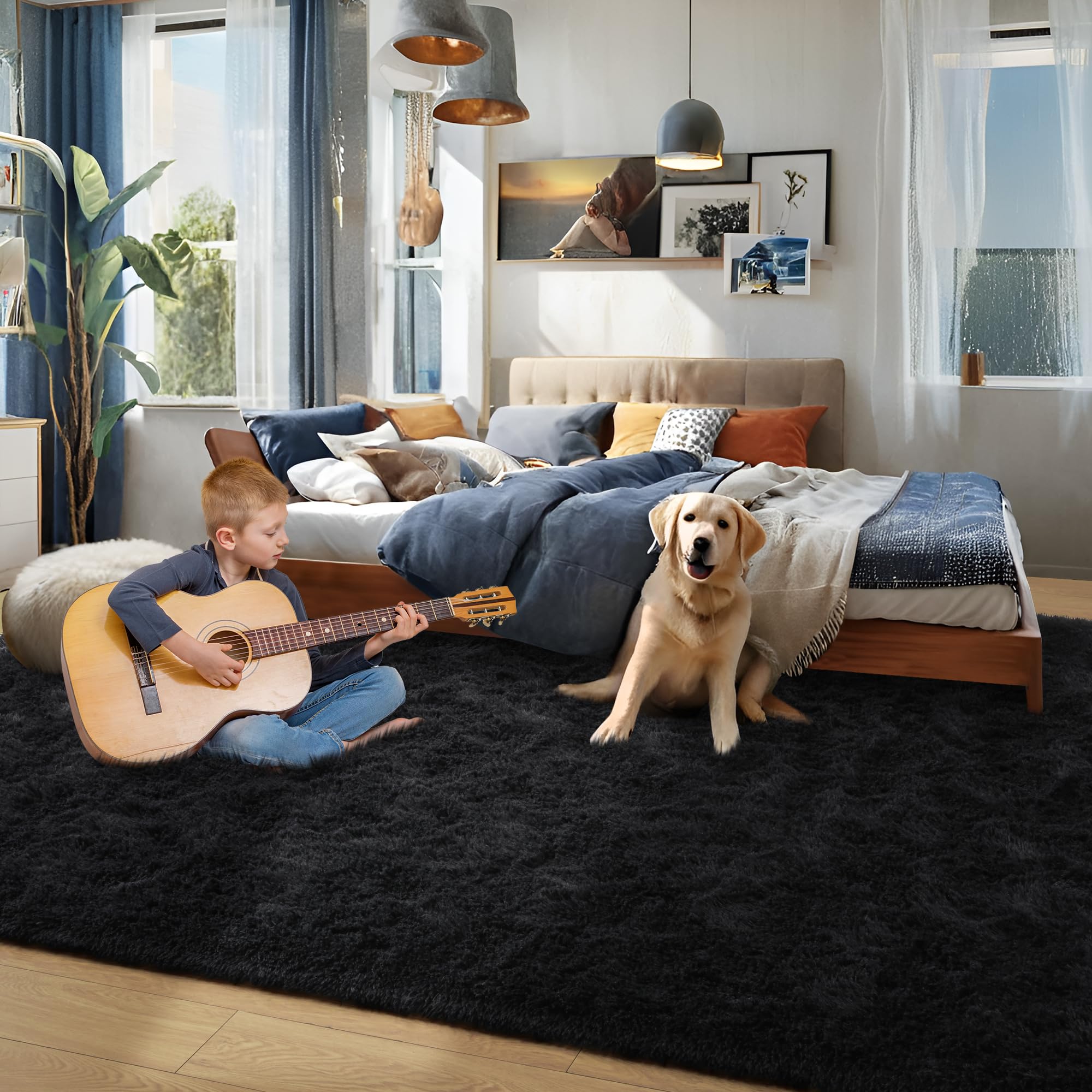Foxmas rug beside bed demonstrating warm, cozy bedside benefit