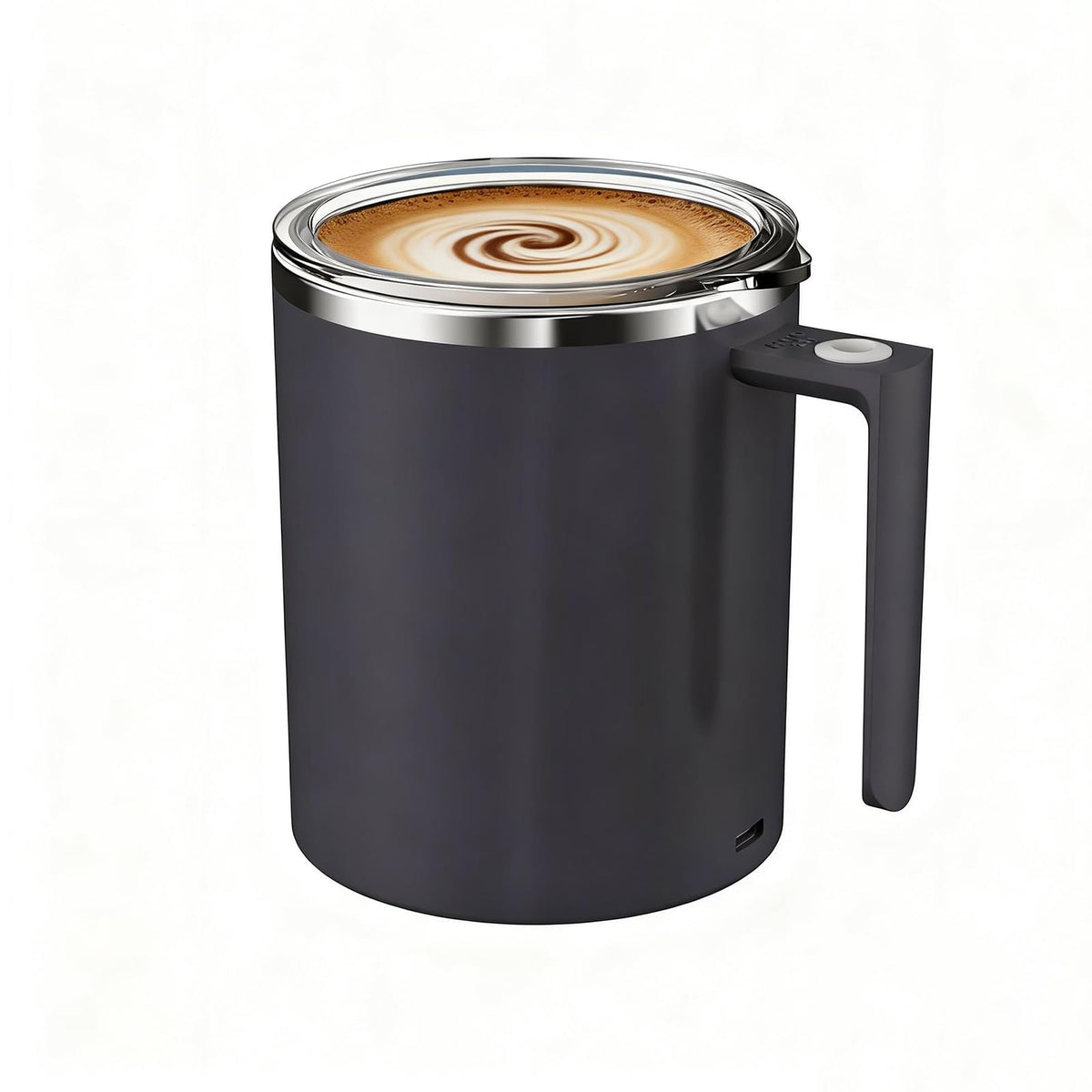 FOXNSK mug front view showing sleek black exterior and compact design benefiting portability