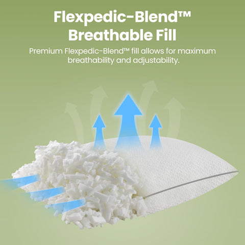 FP FLEXPEDIC queen pillow on bed in bright bedroom showing cool sleep lifestyle