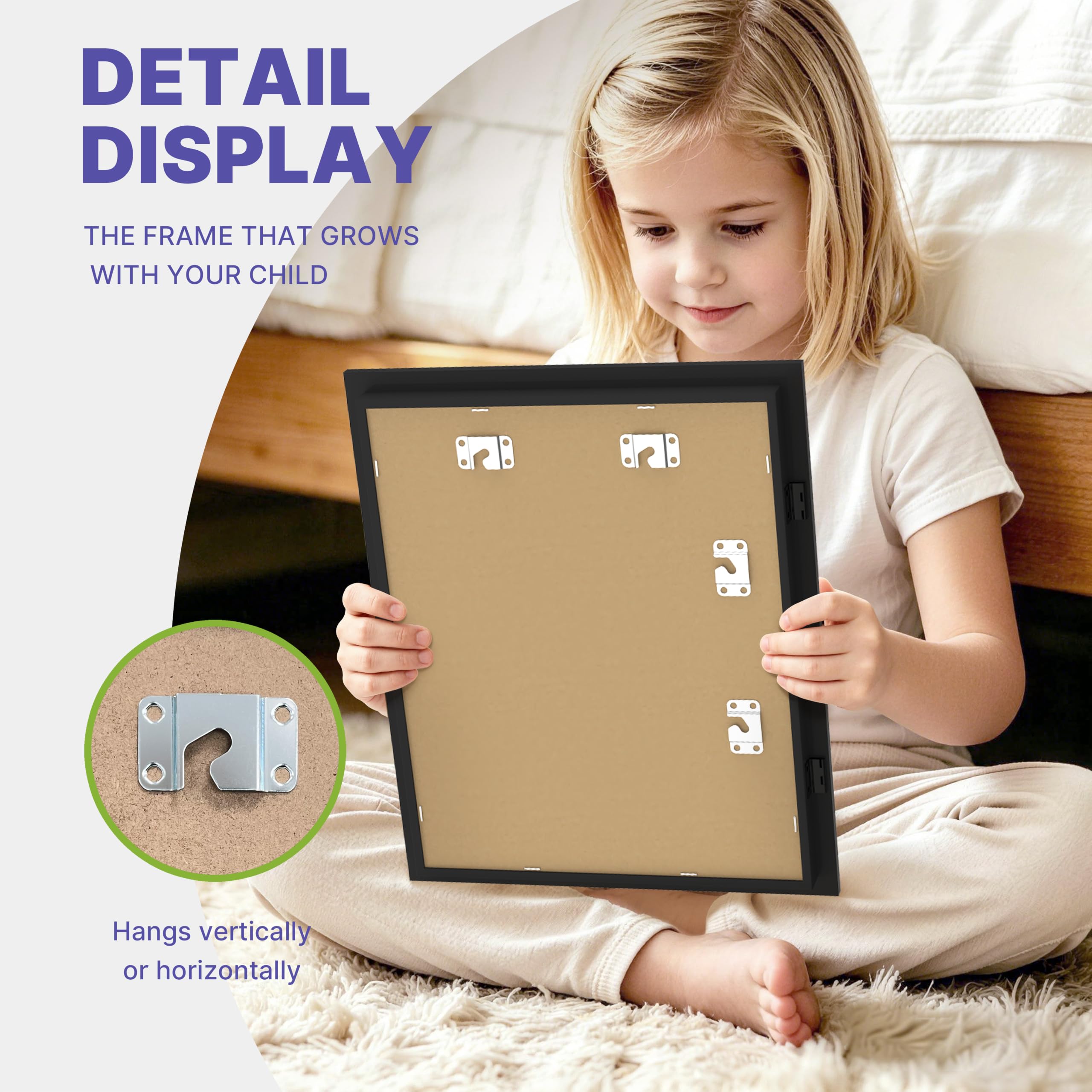 FrameWorks interior detail with elastic strap securing children’s artwork in place