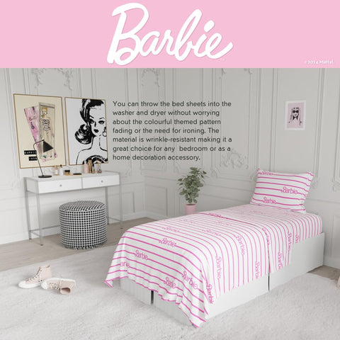Franco Barbie pillowcase with flat sheet folded, showing coordinated design and easy layering