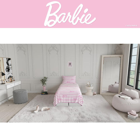 Franco Barbie twin set displayed on mattress for scale, illustrating correct twin fit