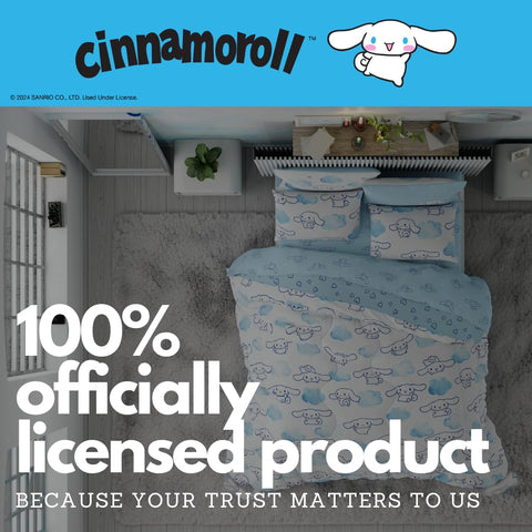 Franco Cinnamoroll on twin mattress showing scale for proper bed coverage and fit