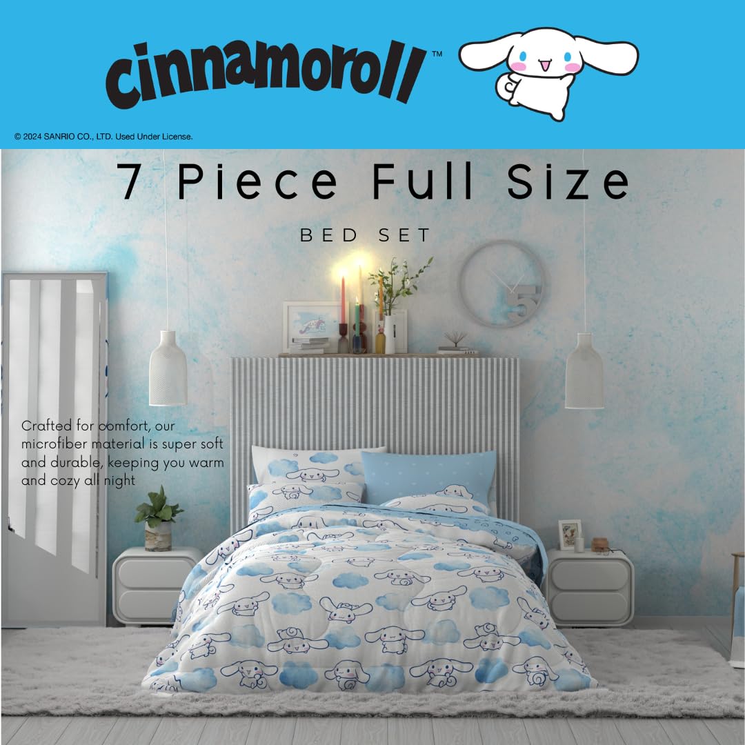 Franco Cinnamoroll fitted sheet and pillow shams shown coordinated to complete full bed