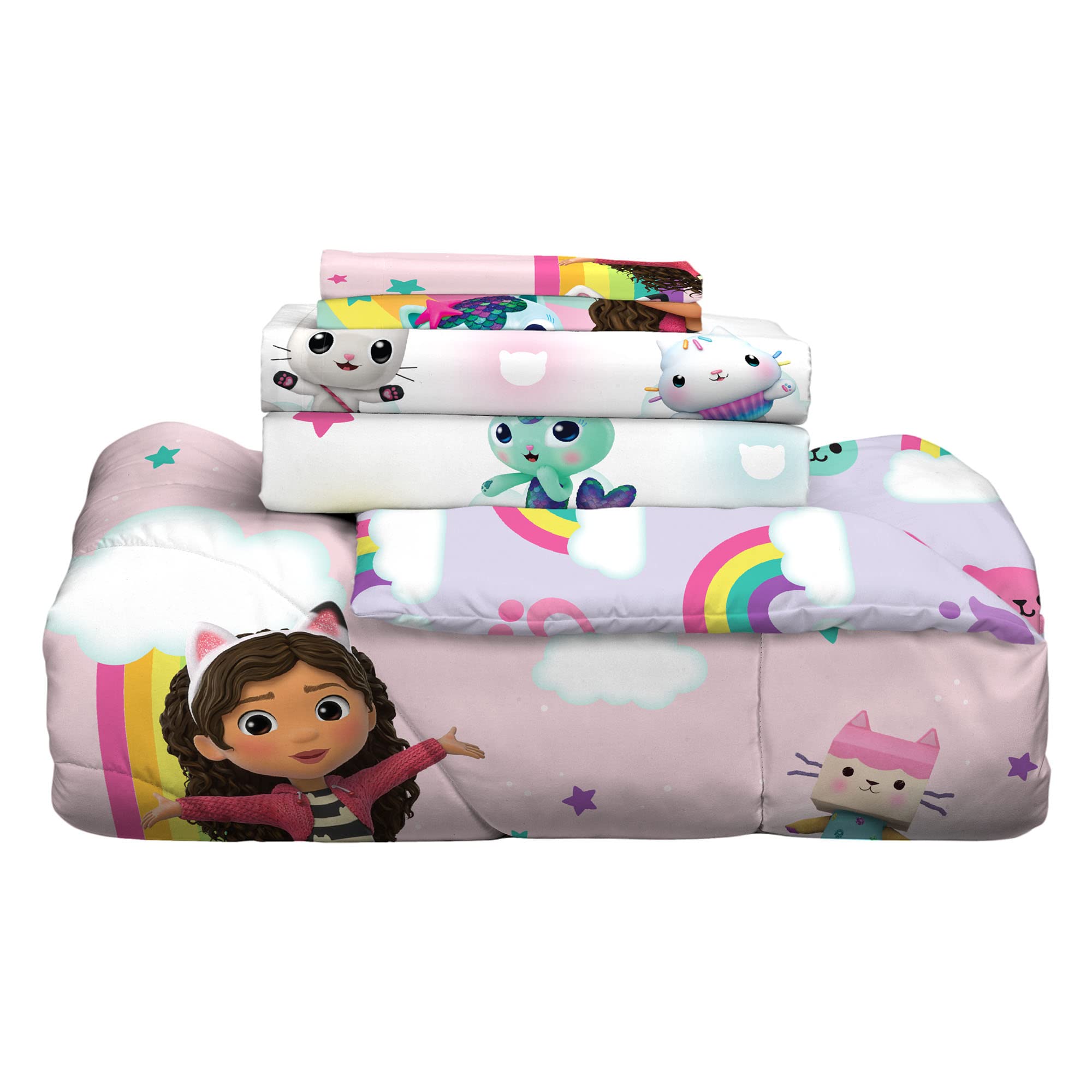 Franco Gabby's Dollhouse folded sheet set displaying coordinated prints and colors