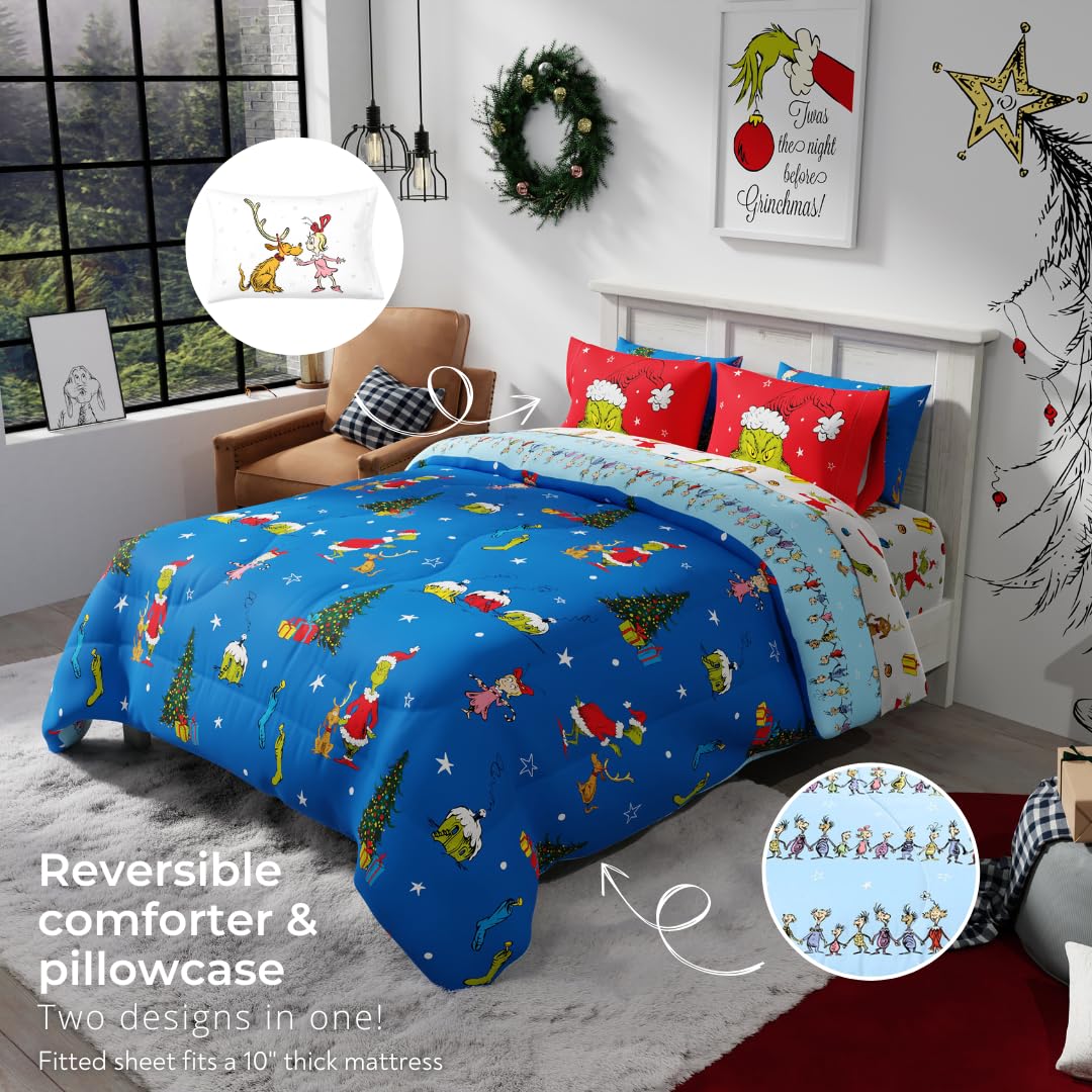 Franco Grinch styled on a bed in a room showing festive bedroom transformation