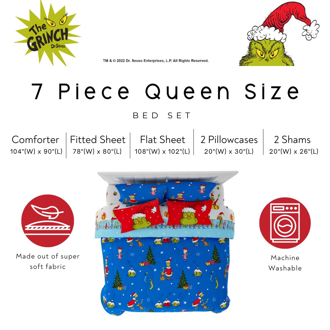Franco Grinch fitted and flat sheets laid out to show full king sizing and fit