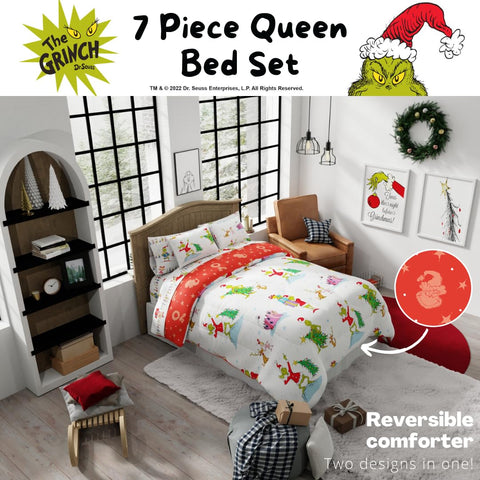 Franco Grinch fitted sheet on queen mattress illustrating snug fit and neat look