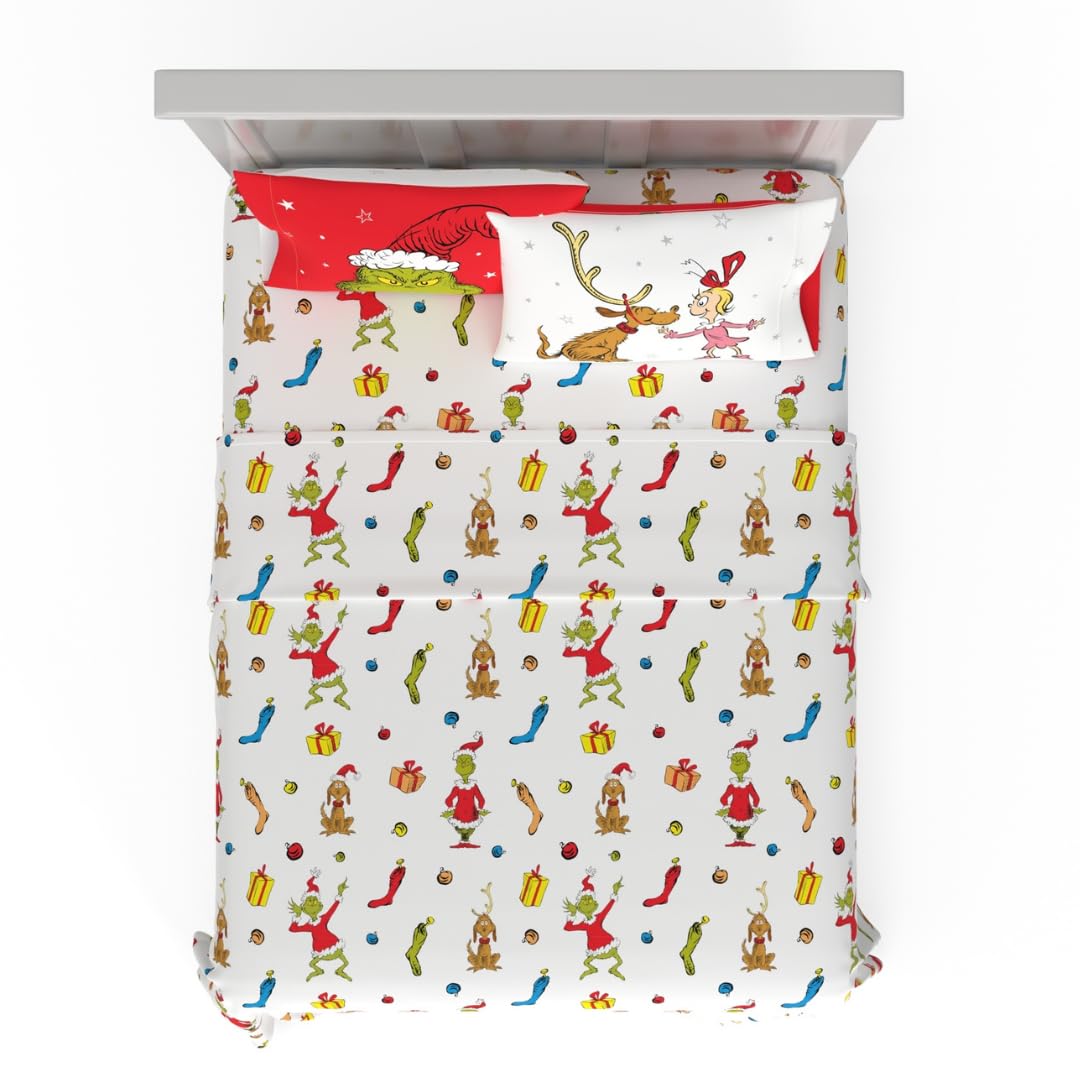 Franco Grinch front packaging showing complete 4-piece queen set and official licensing benefit