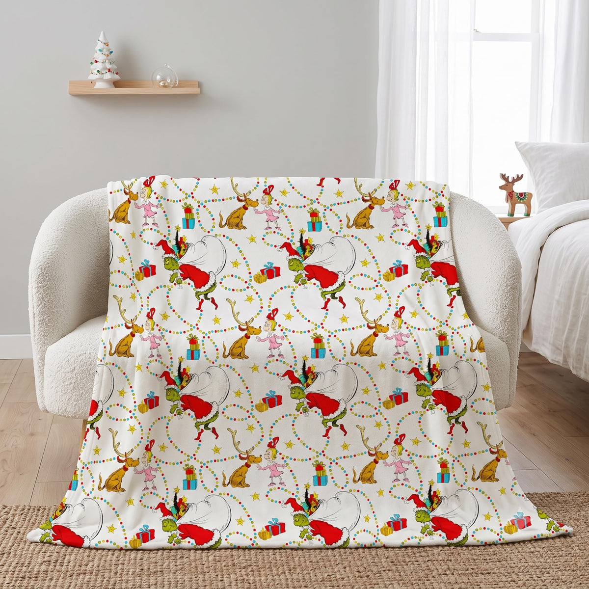 Franco Grinch front view blanket showing full all-over character print for festive decor