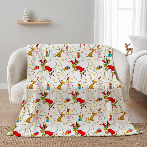 Franco Grinch front view blanket showing full all-over character print for festive decor