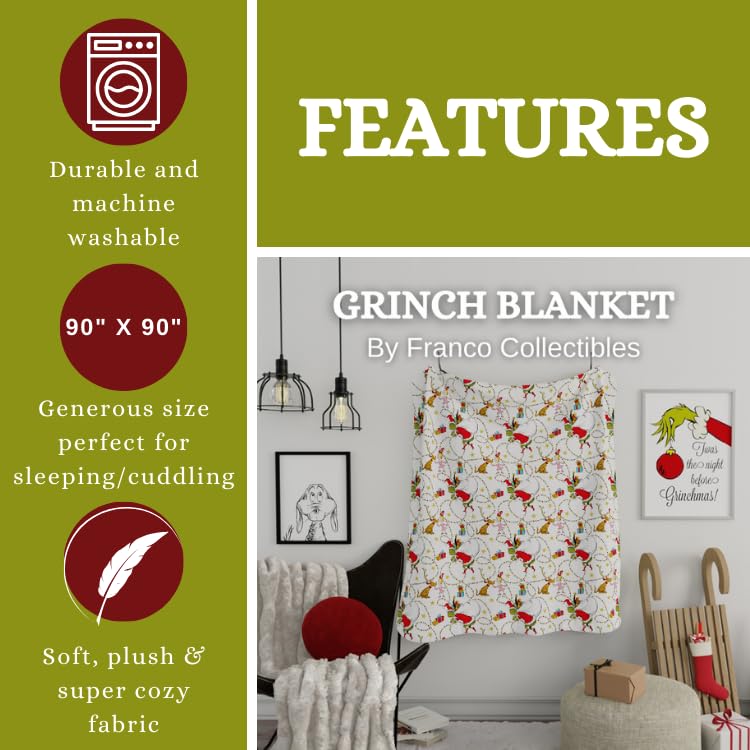 Franco Grinch blanket in use on sofa providing cozy warmth for movie nights