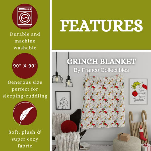 Franco Grinch blanket in use on sofa providing cozy warmth for movie nights
