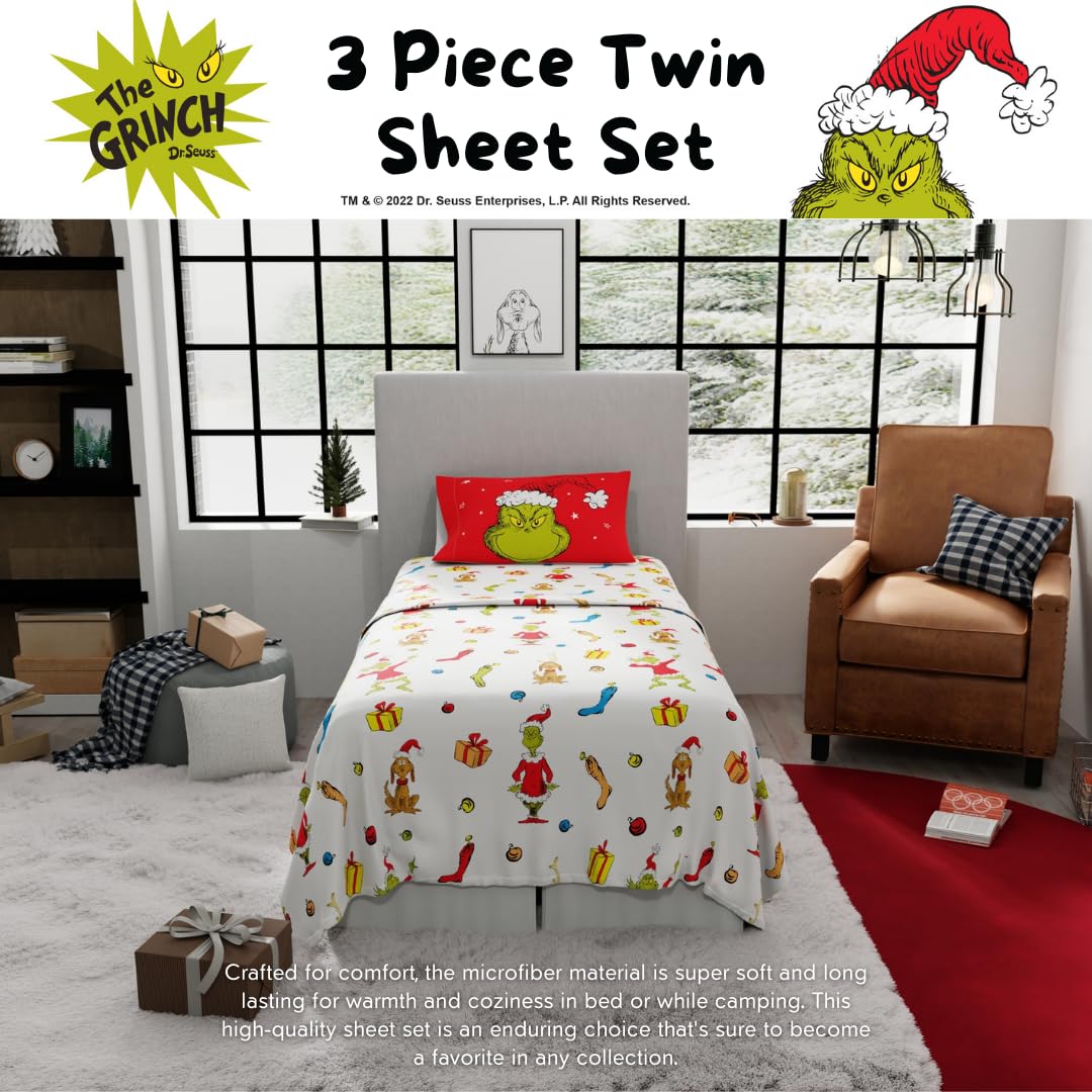 Franco Grinch sheet set on a twin bed demonstrating fit and cozy appearance for everyday use
