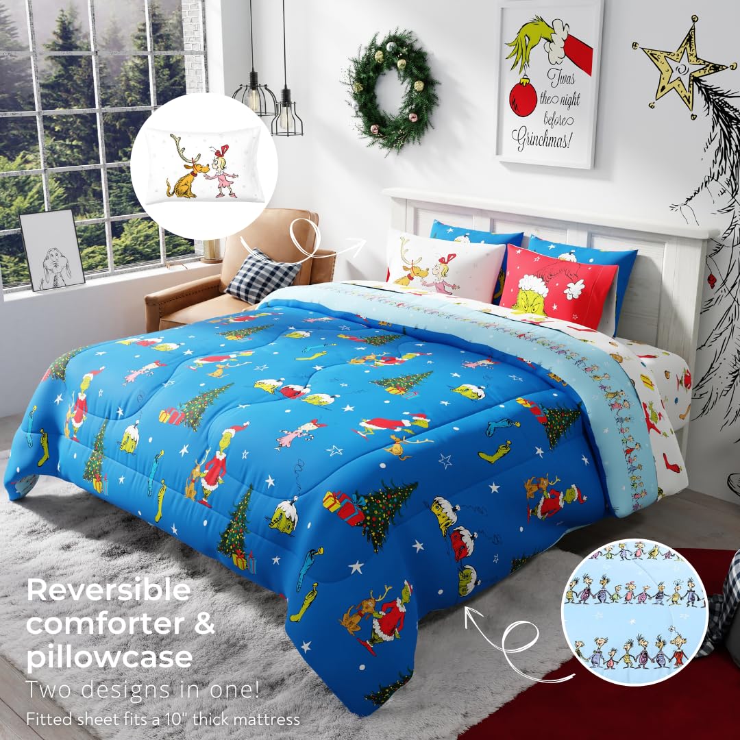 Franco Grinch king bed styled in bedroom illustrating festive, inviting decor