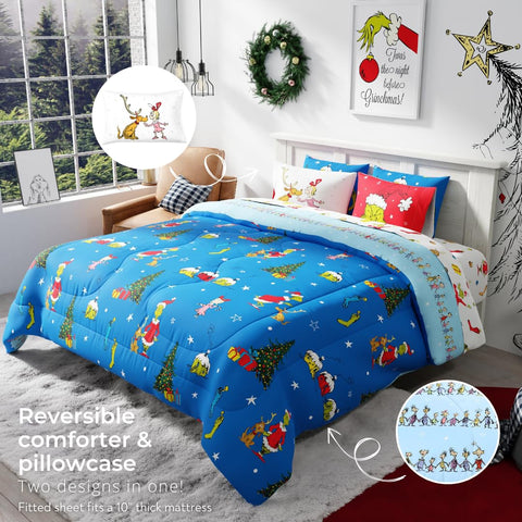Franco Grinch king bed styled in bedroom illustrating festive, inviting decor