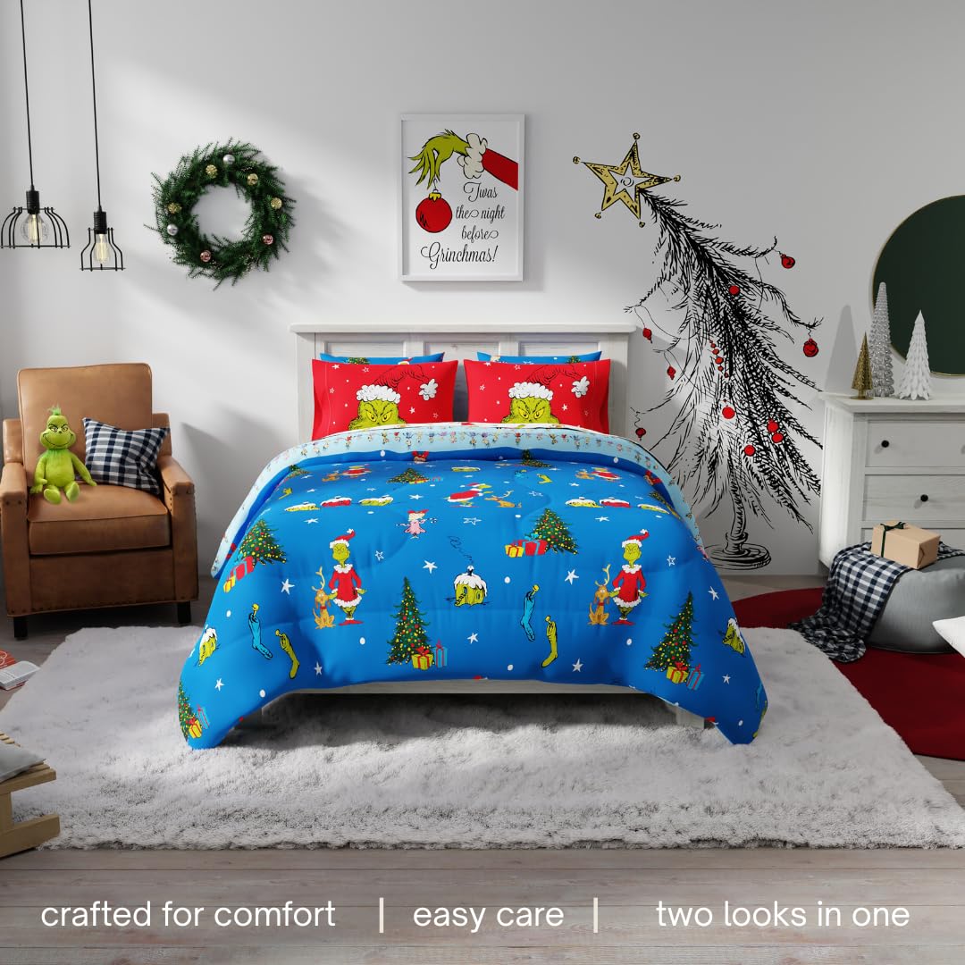 Franco Grinch shams and pillowcases closeup showing crisp character designs