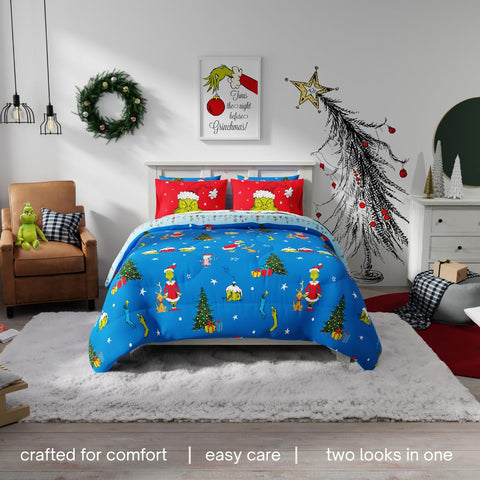 Franco Grinch shams and pillowcases closeup showing crisp character designs
