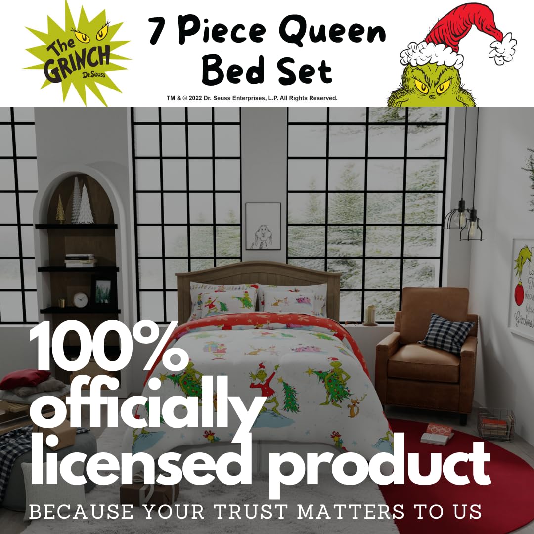 Franco Grinch shams and pillows arranged to show coordinated bedding and style
