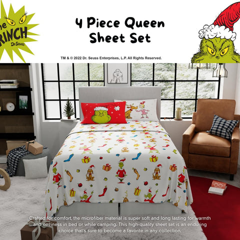 Franco Grinch sheet set on a made queen bed showing full design and cozy bedroom appeal