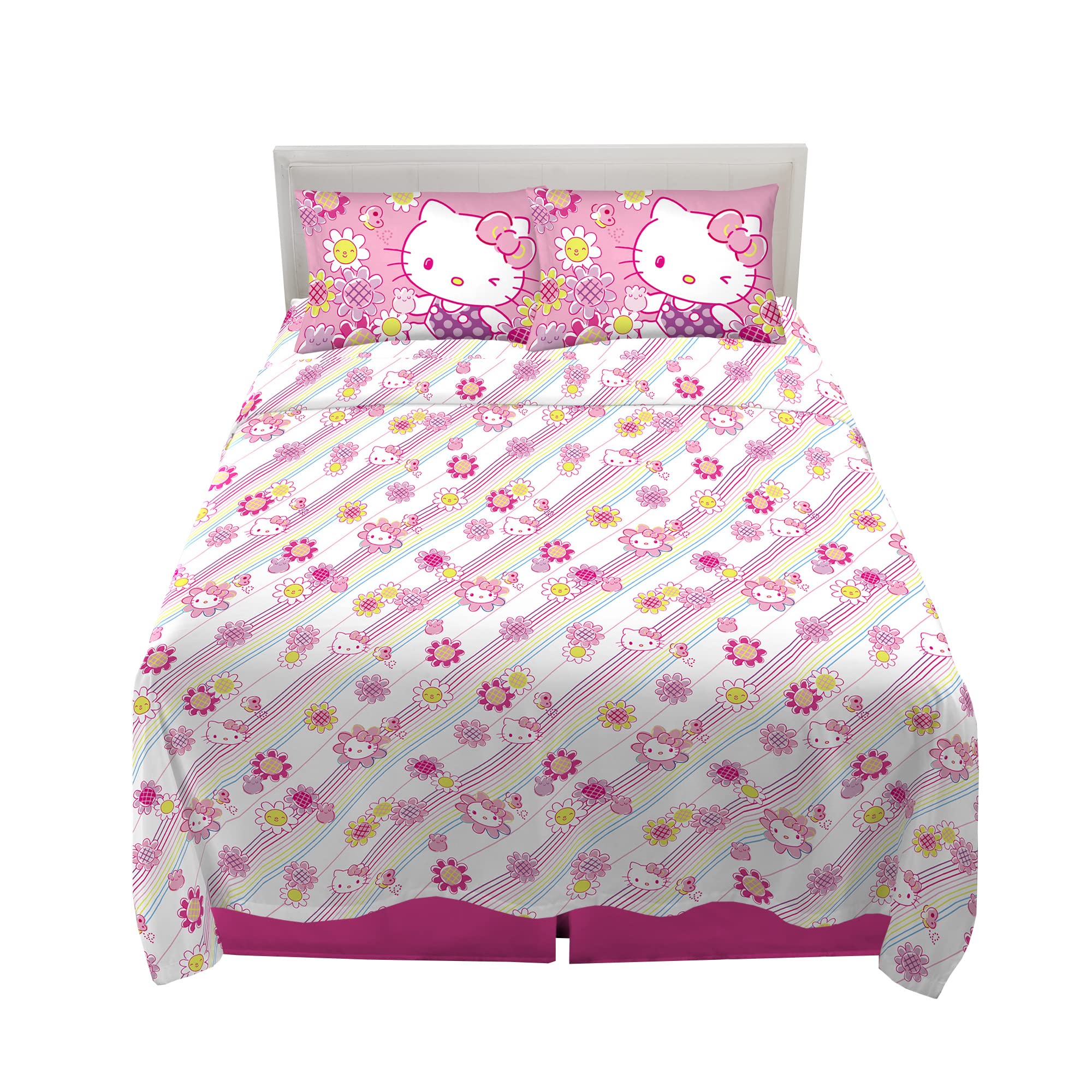 Franco Hello Kitty full sheet set front view showing Rainbow Garden design and cheerful bedding