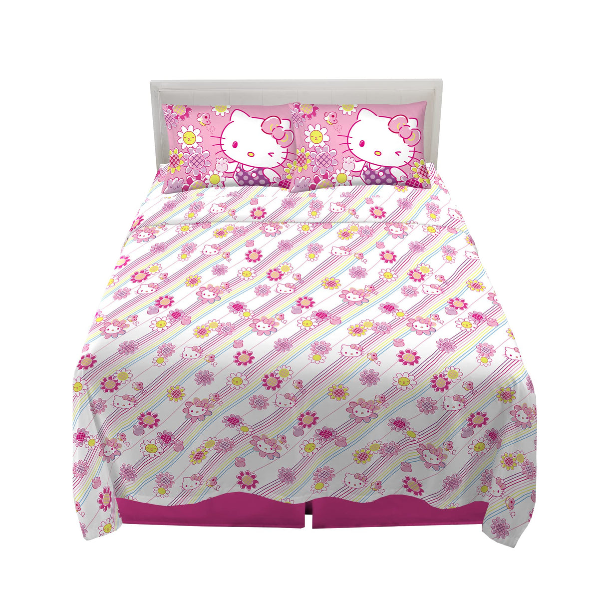 Franco Hello Kitty full sheet set front view showing Rainbow Garden design and cheerful bedding