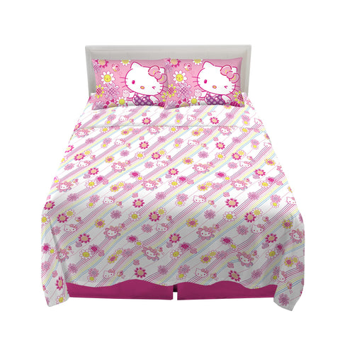 Franco Hello Kitty full sheet set front view showing Rainbow Garden design and cheerful bedding