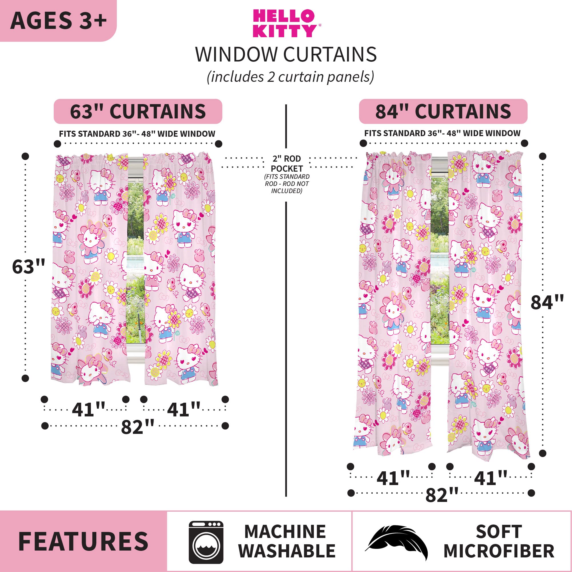 Franco Hello Kitty curtains styled in a child bedroom demonstrating bright decor