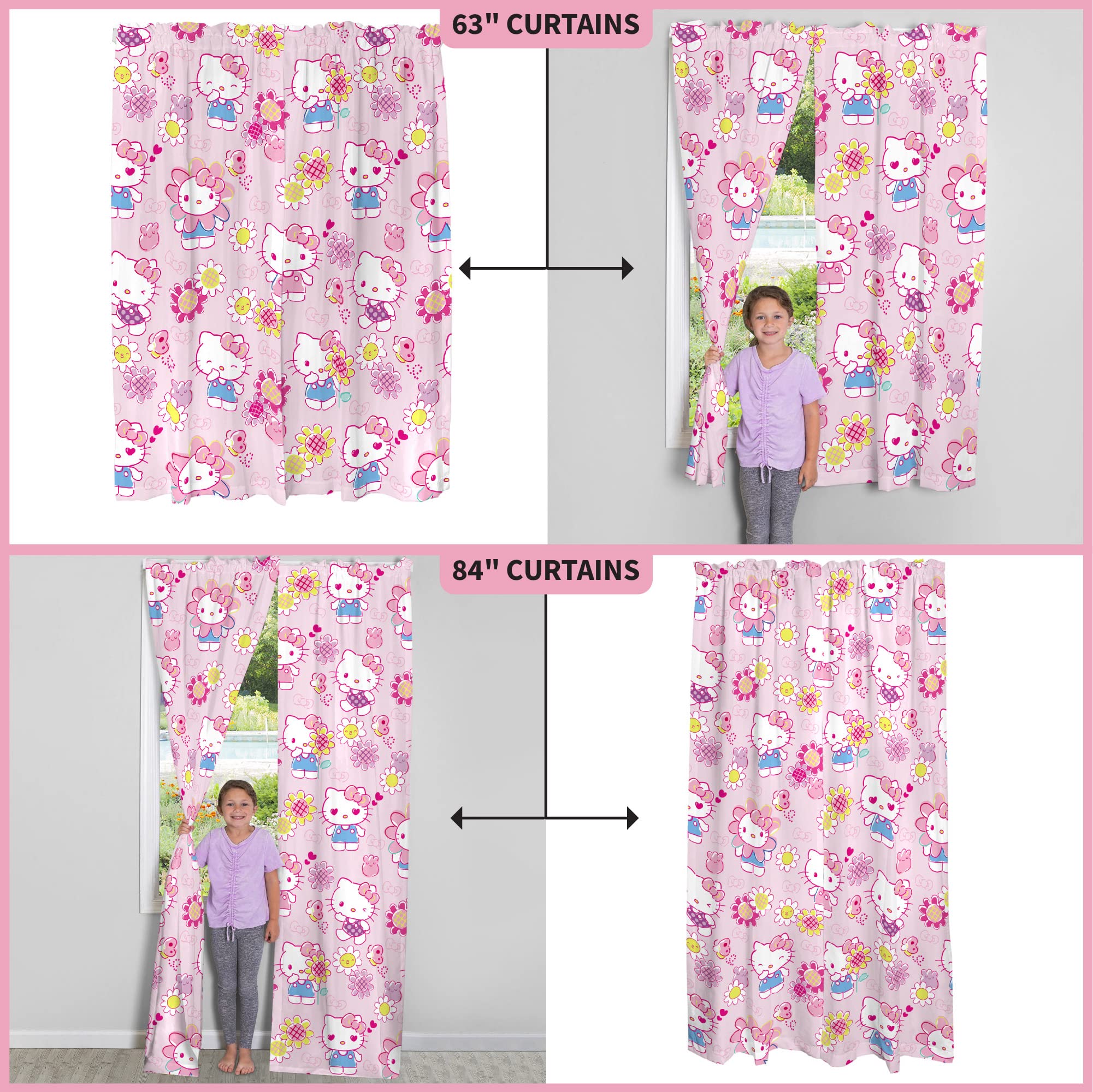 Franco Hello Kitty curtains beside measuring tape showing 84 inch length scale