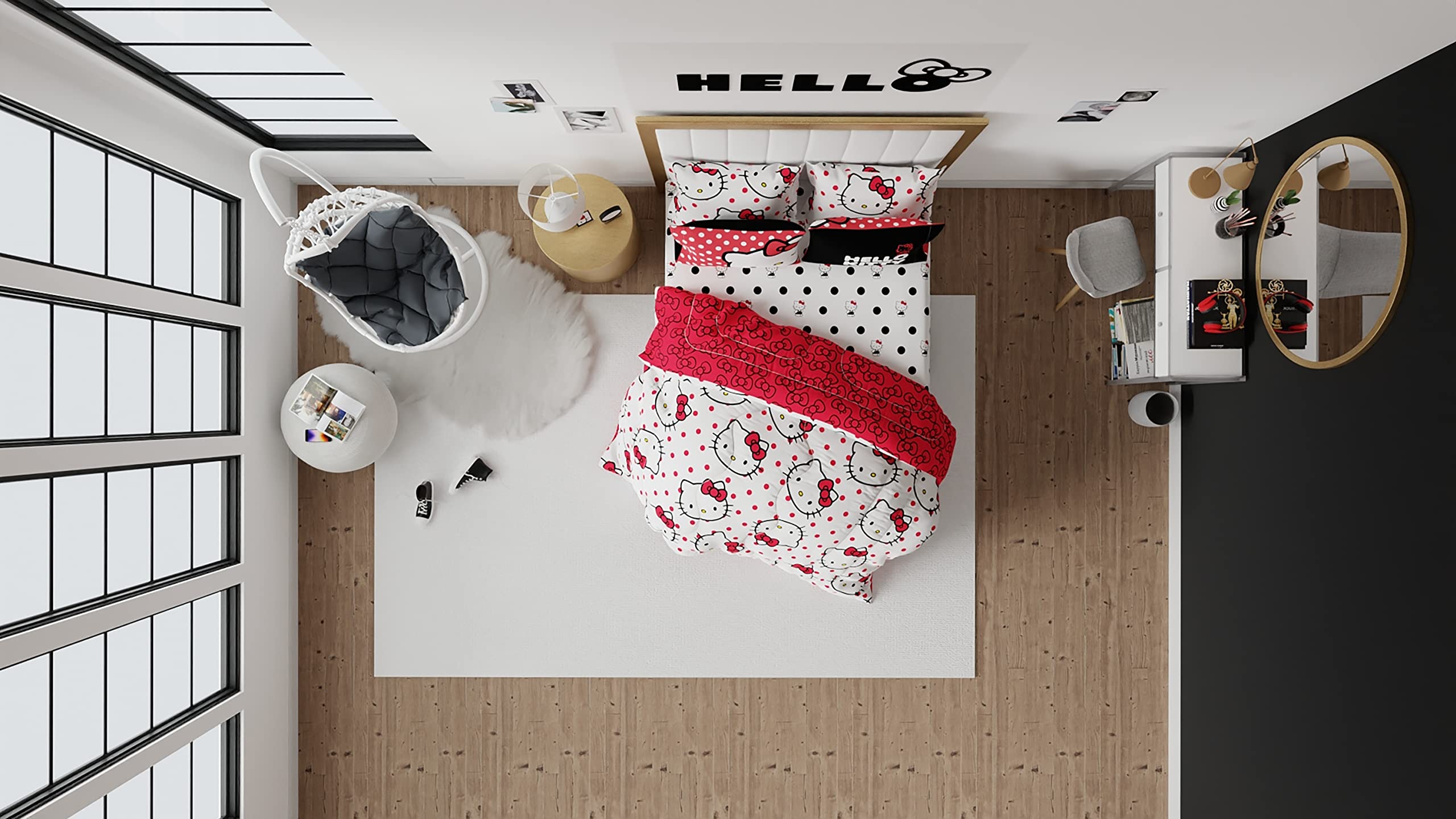 Franco Hello Kitty size comparison on queen bed showing full coverage and proportion