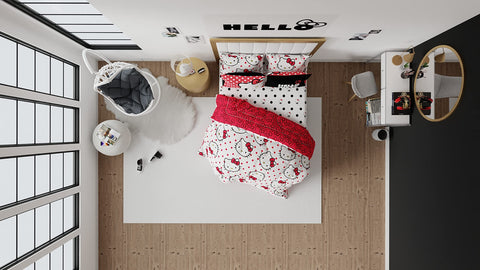 Franco Hello Kitty size comparison on queen bed showing full coverage and proportion