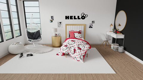 Franco Hello Kitty size comparison on a twin bed showing fit and scale for accurate sizing