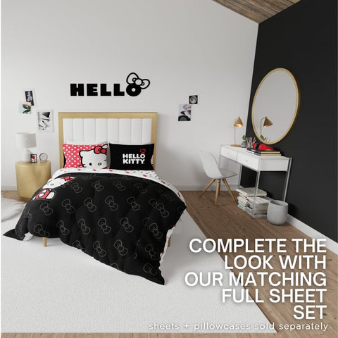 Franco Hello Kitty on full bed with scale comparison showing full-size fit and coverage