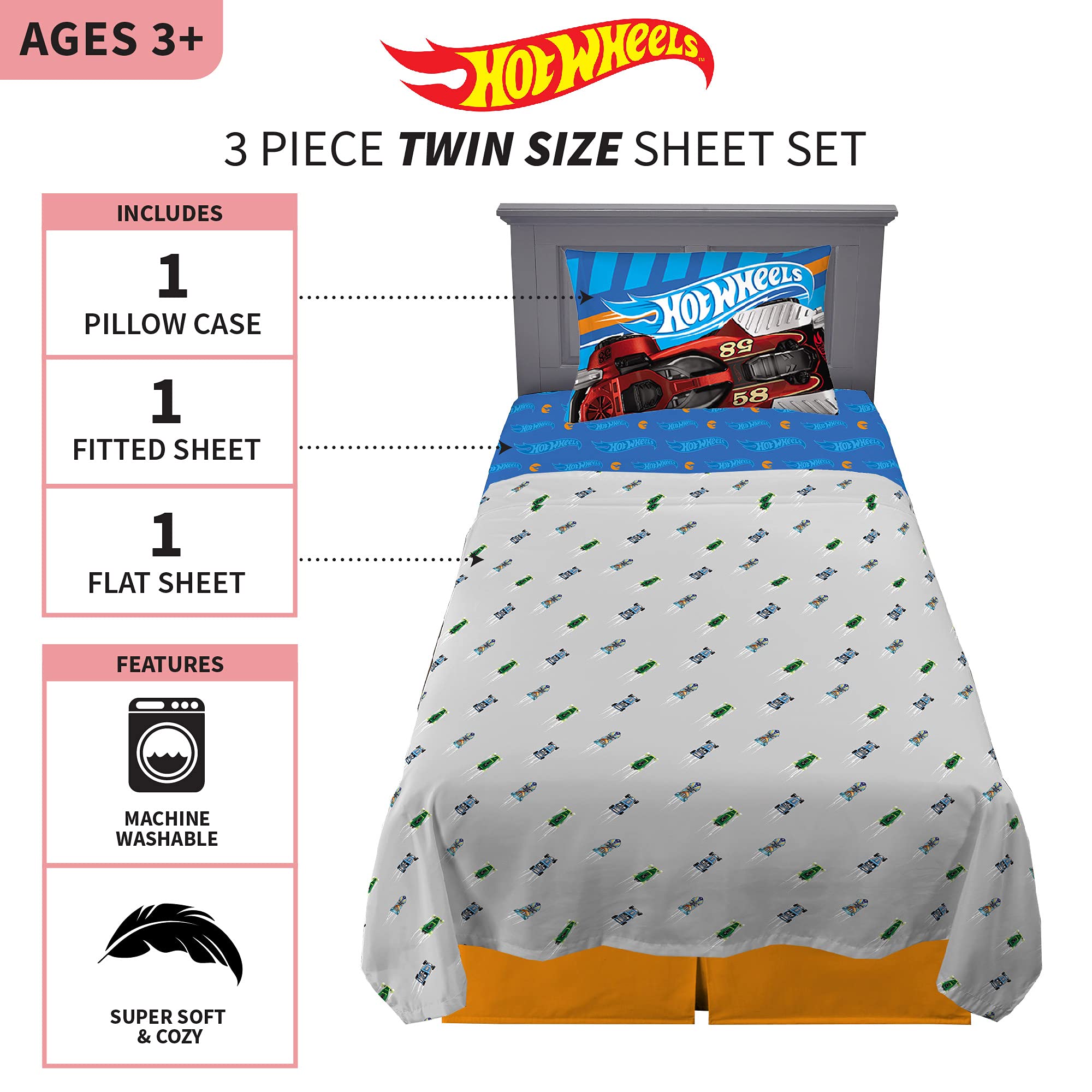 Franco Hot Wheels flat sheet pattern displaying colorful cars, adds playful room decor