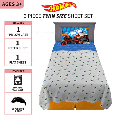 Franco Hot Wheels flat sheet pattern displaying colorful cars, adds playful room decor