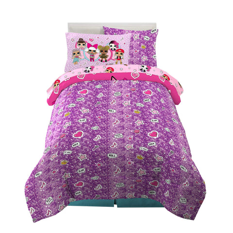 Franco comforter reverse showing purple glam all-over pattern for two styling options
