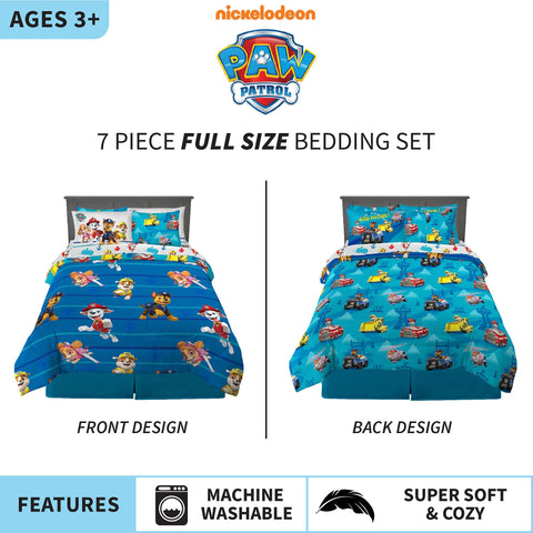 Franco Paw Patrol sheets and shams flat lay showing coordinated prints and easy-care fabric