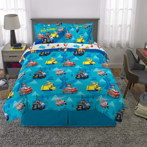 Franco Paw Patrol size comparison on full bed showing coverage and fit for a standard mattress