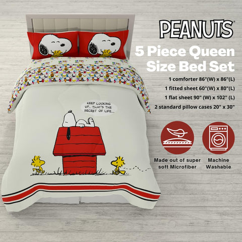 Franco Peanuts flat sheet and fitted sheet laid out to show matching character design