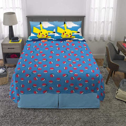 Franco styled bedroom with Pokémon bedding on full bed, creates fun themed space