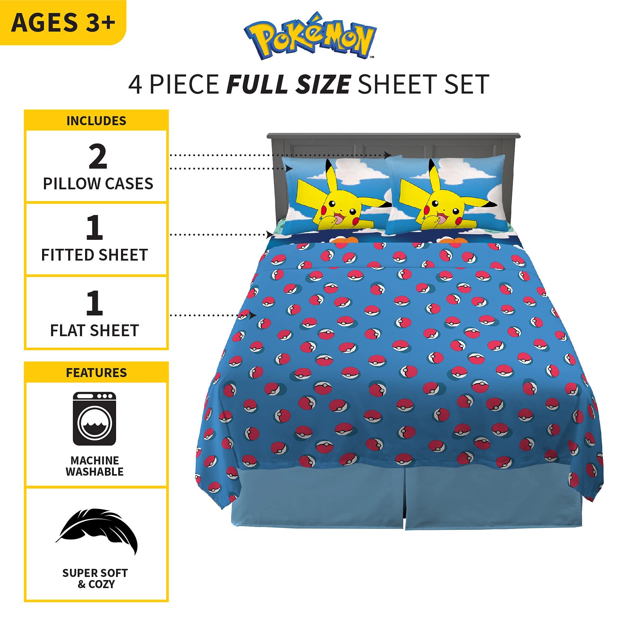 Franco flat sheet spread showing blue Poké Ball pattern, coordinates with bedding set